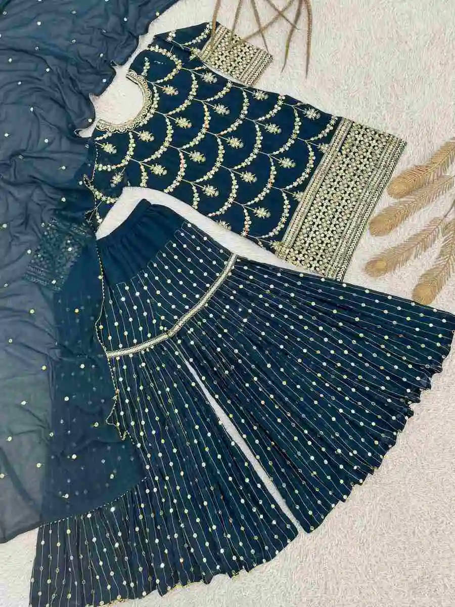 MODERN GEORGETTE EMBROIDERY SEQUENCE WORK WITH READY MADE LACE BORDER WORK TOP SHARARA WITH DUPATTA WEDDING WEAR WHOLESALE PRICE ETHNIC GARMENT (11)