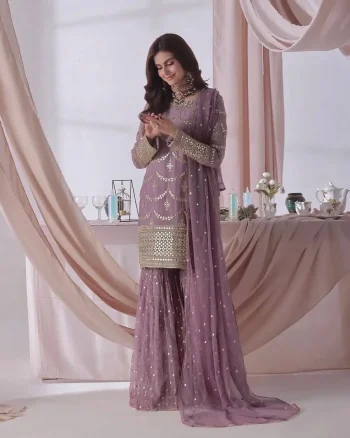 MODERN GEORGETTE EMBROIDERY SEQUENCE WORK WITH READY MADE LACE BORDER WORK TOP SHARARA WITH DUPATTA LAVENDER