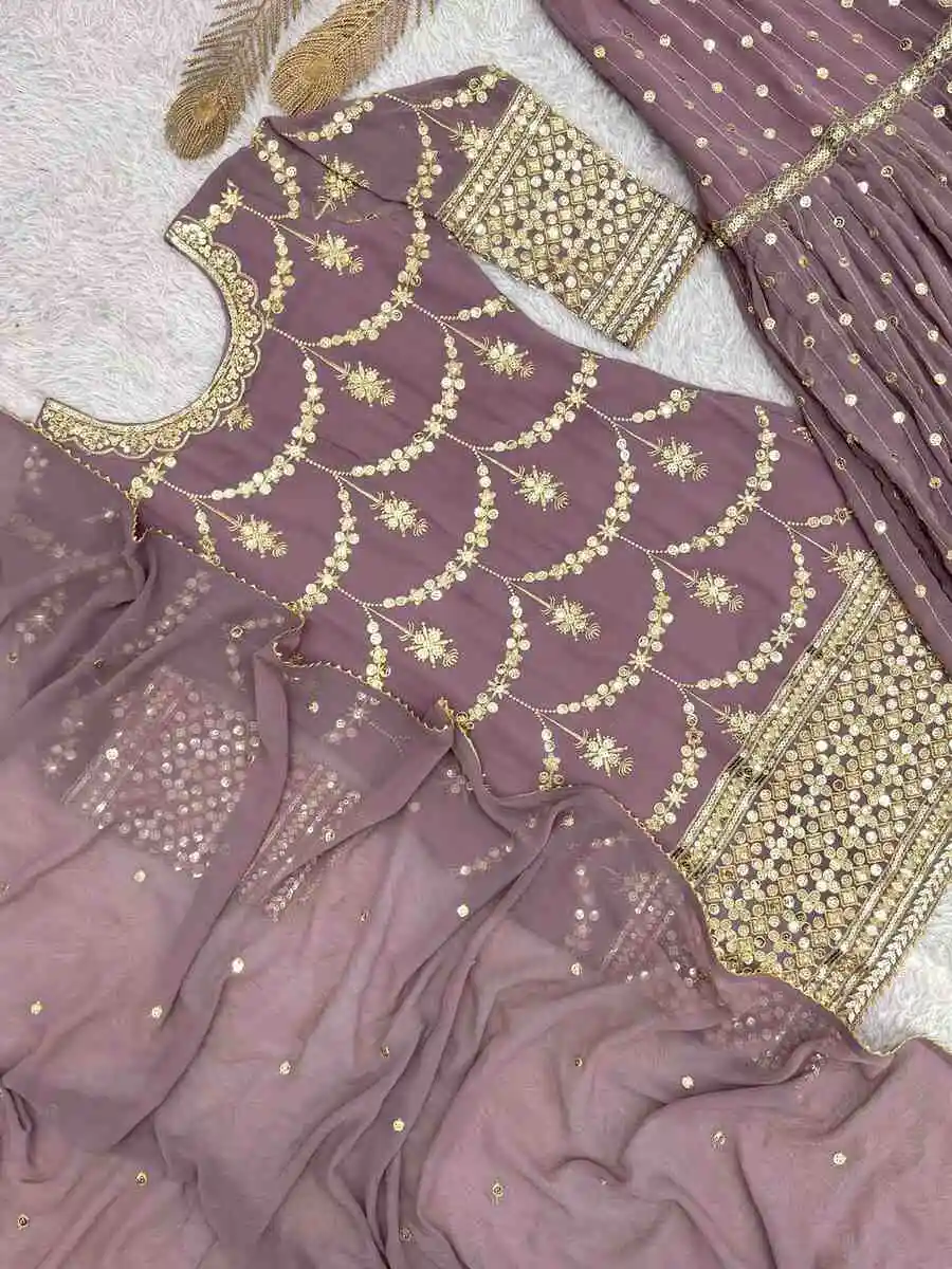 MODERN GEORGETTE EMBROIDERY SEQUENCE WORK WITH READY MADE LACE BORDER WORK TOP SHARARA WITH DUPATTA WEDDING WEAR WHOLESALE PRICE ETHNIC GARMENT (17)