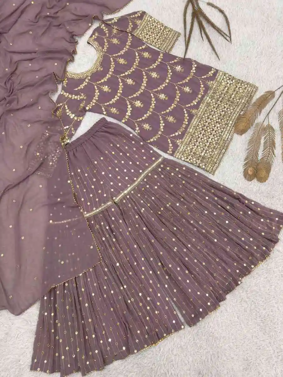 MODERN GEORGETTE EMBROIDERY SEQUENCE WORK WITH READY MADE LACE BORDER WORK TOP SHARARA WITH DUPATTA WEDDING WEAR WHOLESALE PRICE ETHNIC GARMENT (18)