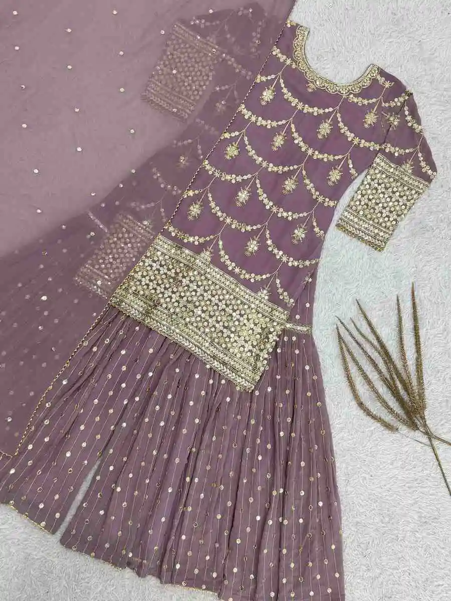 MODERN GEORGETTE EMBROIDERY SEQUENCE WORK WITH READY MADE LACE BORDER WORK TOP SHARARA WITH DUPATTA WEDDING WEAR WHOLESALE PRICE ETHNIC GARMENT (21)