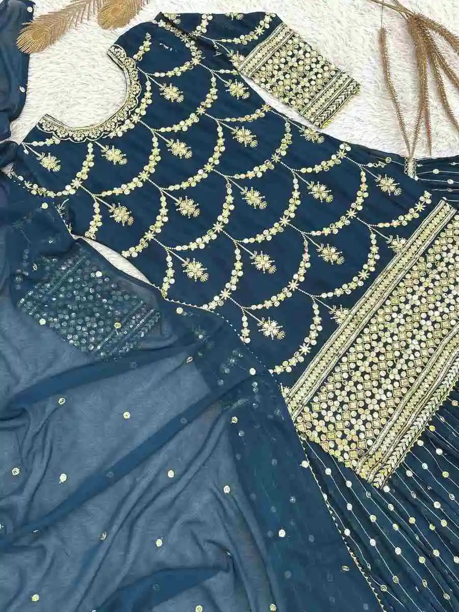MODERN GEORGETTE EMBROIDERY SEQUENCE WORK WITH READY MADE LACE BORDER WORK TOP SHARARA WITH DUPATTA WEDDING WEAR WHOLESALE PRICE ETHNIC GARMENT (6)