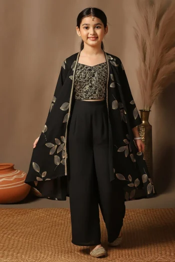 MODERN GEORGETTE EMBROIDERY WORK KID'S TOP PALAZZO WITH SHRUG BLACK