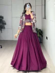 MODERN GEORGETTE PLAIN LEHENGA WITH FOIL PRINTED CHOLI AND KOTI WINE