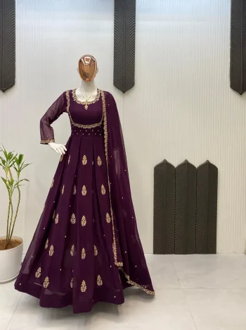MODERN GEORGETTE SEQUENCE EMBROIDERY WORK GOWN WITH DUPATTA WINE