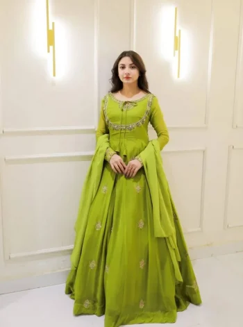 MODERN GEORGETTE SEQUENCE EMBROIDERY WORK GOWN WITH DUPATTA PARROT GREEN