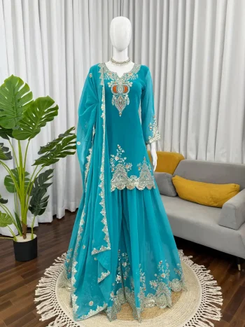 MODERN GEORGETTE THREAD WITH SEQUENCE WORK TOP PALAZZO WITH DUPATTA SKY