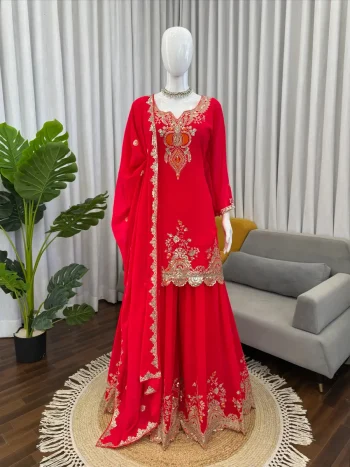 MODERN GEORGETTE THREAD WITH SEQUENCE WORK TOP PALAZZO WITH DUPATTA RED