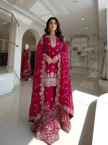 MODERN GMY SILK EMBROIDERY 3 MM SEQUENCE & CODING DORI WORK TOP PALAZZO WITH DUPATTA RANI