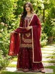 MODERN GMY SILK EMBROIDERY SEQUENCE WORK TOP PALAZZO WITH DUPATTA FESTIVE WEAR WHOLESALE PRICE ETHNIC GARMENT MAROON