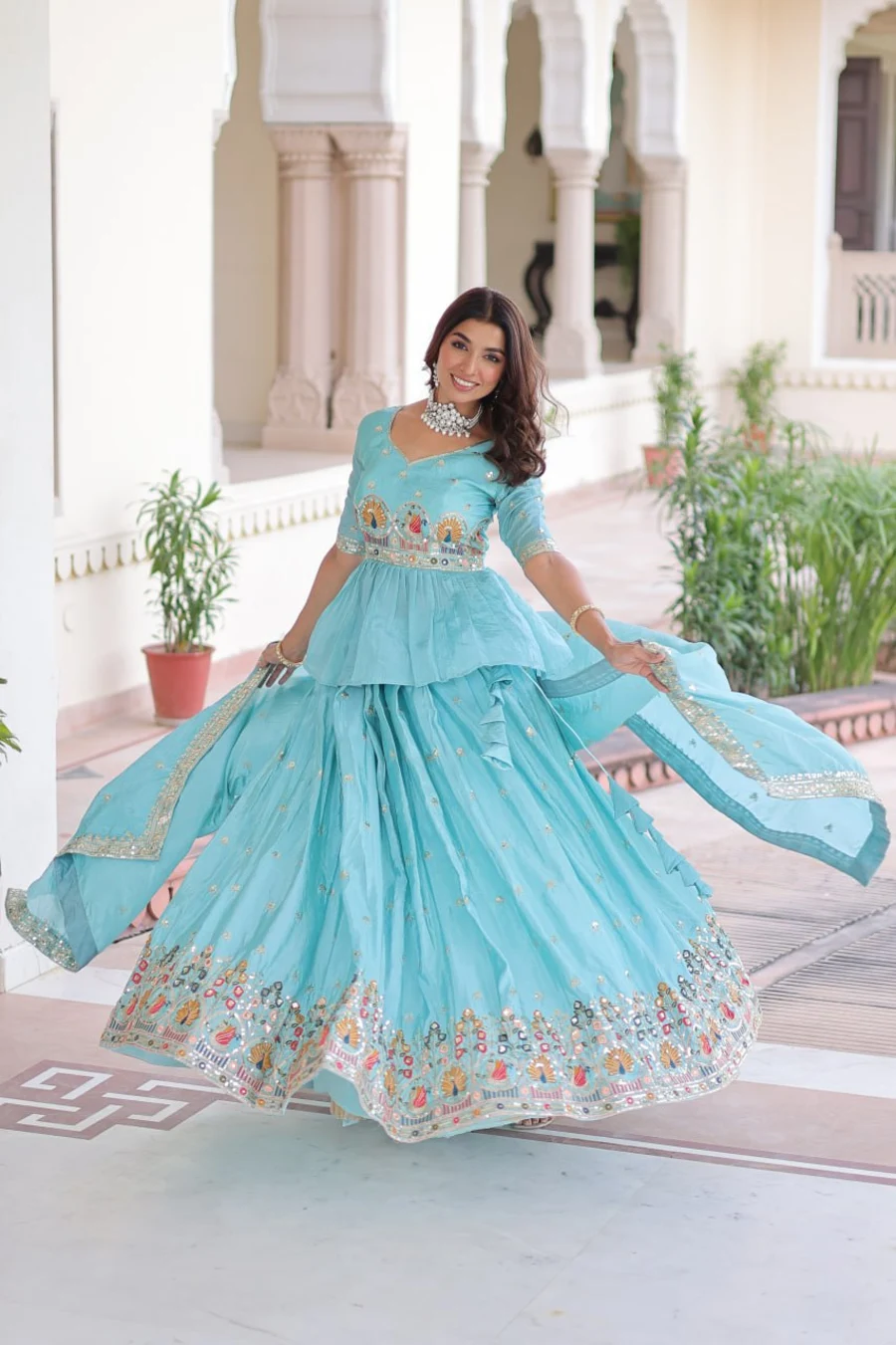 MODERN GOLD CRUSH MULTI THREAD EMBROIDERY ZARI SEQUENCE-WORK TOP LEHENGA WITH DUPATTA WEDDING WEAR WHOLESALE PRICE ETHNIC GARMENT (3)