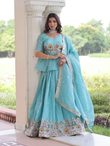MODERN GOLD CRUSH MULTI THREAD EMBROIDERY ZARI SEQUENCE-WORK TOP LEHENGA WITH DUPATTA SKY