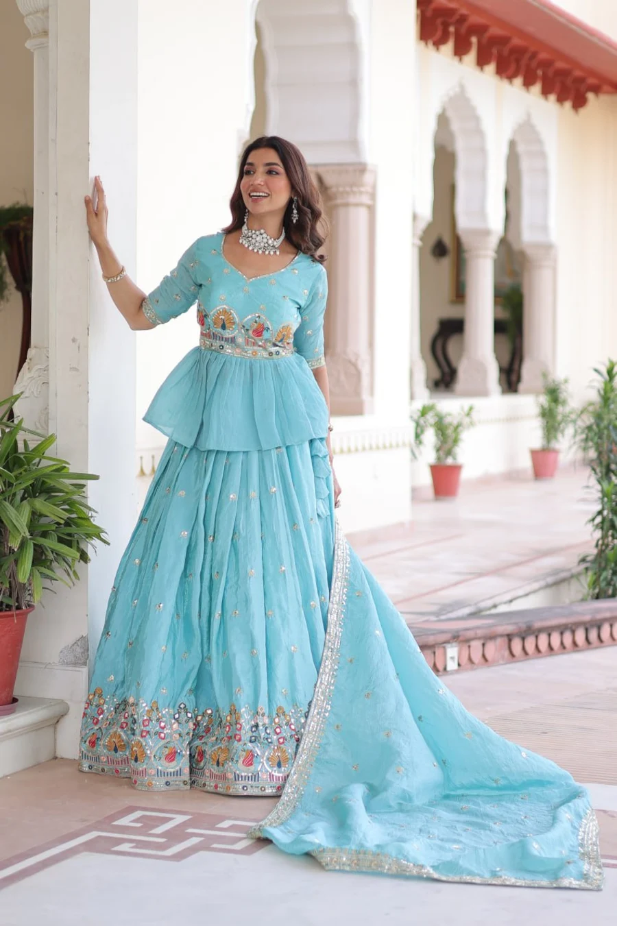 MODERN GOLD CRUSH MULTI THREAD EMBROIDERY ZARI SEQUENCE-WORK TOP LEHENGA WITH DUPATTA WEDDING WEAR WHOLESALE PRICE ETHNIC GARMENT (8)