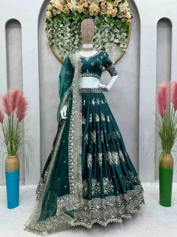 MODERN JAPAN SATIN THREAD WITH SEQUENCE WORK LEHENGA CHOLI WITH DUPATTA GREEN