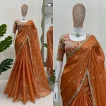 MODERN JC SILK EMBROIDERY ZARI AND SEQUENCE WORK WITH HEAVY WORK BORDER WORK SAREE WITH UNSTITCHED BLOUSE ORANGE