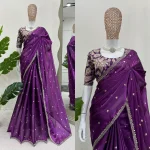 MODERN JC SILK EMBROIDERY ZARI AND SEQUENCE WORK WITH HEAVY WORK BORDER WORK SAREE WITH UNSTITCHED BLOUSE PURPLE