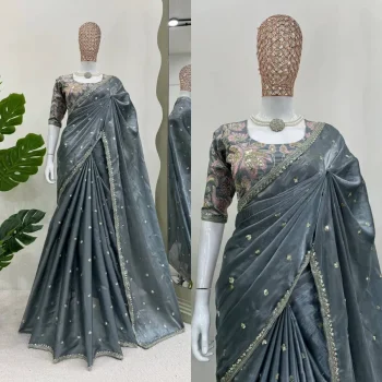 MODERN JC SILK EMBROIDERY ZARI AND SEQUENCE WORK WITH HEAVY WORK BORDER WORK SAREE WITH UNSTITCHED BLOUSE GREY