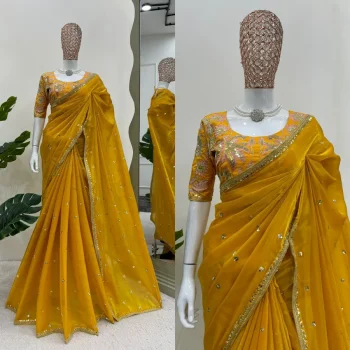 MODERN JC SILK EMBROIDERY ZARI AND SEQUENCE WORK WITH HEAVY WORK BORDER WORK SAREE WITH UNSTITCHED BLOUSE YELLOW