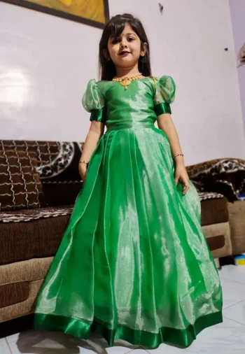 MODERN JC SILK SATIN LACE BORDER WORK KID'S GOWN GREEN