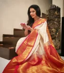 MODERN LICHI SILK JACQUARD BORDER WORK SAREE WITH UNSTITCHED BLOUSE ORANGE AND OFF WHITE