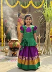MODERN MONO SILK ZARI WEAVING JACQUARD WORK KID'S TOP LEHENGA GREEN AND PURPLE