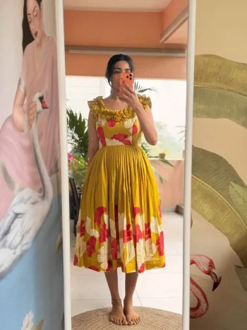 MODERN MUSLIN COTTON DIGITAL PRINT WORK ONE PIECE DRESS MUSTARD