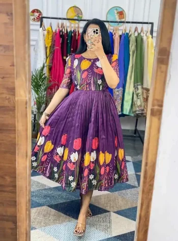 MODERN MUSLIN COTTON DIGITAL PRINT WORK ONE PIECE DRESS PURPLE