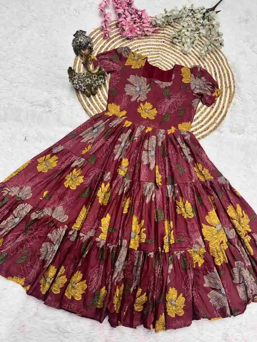 MODERN MUSLIN COTTON PRINT WORK AND STYLISH 3 LAYER PATTERN WORK ONE PIECE DRESS DAILY WEAR WHOLESALE PRICE ETHNIC GARMENT (1)