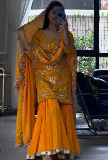 MODERN NATURAL CREPE SEQUENCE EMBROIDERY WORK TOP SHARARA WITH DUPATTA YELLOW