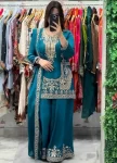 MODERN NATURAL CREPE SILK EMBROIDERY WORK WITH FANCY BORDERS LACE WORK TOP PALAZZO WITH DUPATTA TEAL