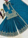 MODERN NATURAL CREPE SILK EMBROIDERY WORK WITH FANCY BORDERS LACE WORK TOP PALAZZO WITH DUPATTA FESTIVE WEAR WHOLESALE PRICE ETHNIC GARMENT (2)