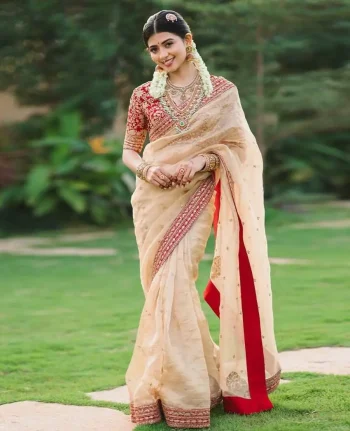 MODERN ORGANZA SEQUENCE AND DORI EMBROIDERY WORK SAREE WITH UNSTITCHED BLOUSE RED AND CREAM