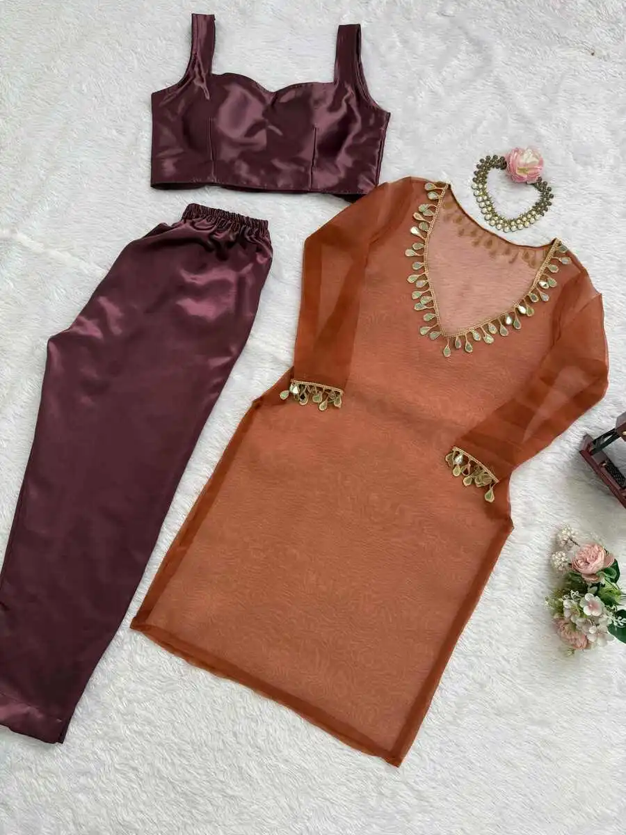 MODERN ORGANZA SILK THREAD WITH REAL MIRROR WORK TOP BOTTON AND BLOUSE PARTY WEAR WHOLESALE PRICE ETHNIC GARMENT (1)