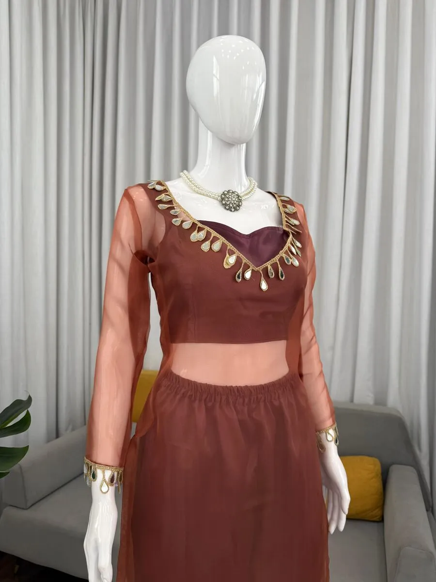 MODERN ORGANZA SILK THREAD WITH REAL MIRROR WORK TOP BOTTON AND BLOUSE PARTY WEAR WHOLESALE PRICE ETHNIC GARMENT (11)