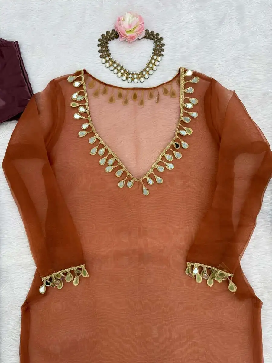 MODERN ORGANZA SILK THREAD WITH REAL MIRROR WORK TOP BOTTON AND BLOUSE PARTY WEAR WHOLESALE PRICE ETHNIC GARMENT (14)