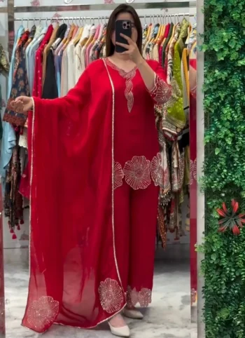 MODERN RANGOLI BEADS WORK TOP PALAZZO WITH DUPATTA  RED