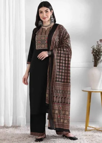 MODERN RAYON PRINTED WORK TOP BOTTOM WITH DUPATTA BLACK