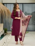 MODERN RAYON SEQUENCE CODING EMBROIDERY WORK TOP BOTTOM WITH DUPATTA WINE