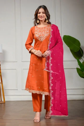 MODERN ROMAN SILK EMBROIDERY JARI AND RESHAM THREAD WORK TOP BOTTOM WITH DUPATTA ORANGE