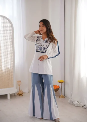 MODERN ROMAN SILK HAND WORK EMBROIDERY WORK WITH REAL MIRROR WORK CO-ORD SET WHITE AND BLUE