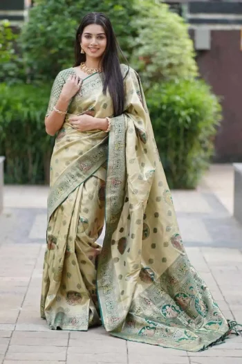 MODERN SOFT SILK NYLON ZARI WAVING WITH MEENA KARI BORDER , 3D PALLU WORK SAREE WITH UNSTITCHED BLOUSE PISTA