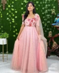 MODERN TASSAR SILK DIGITAL PRINTED AND NET SEQUENCE WORK GOWN WITH DUPATTA PEACH