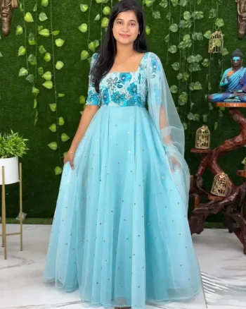 MODERN TASSAR SILK DIGITAL PRINTED AND NET SEQUENCE WORK GOWN WITH DUPATTA SKY