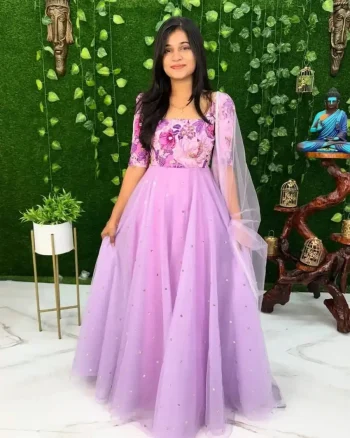 MODERN TASSAR SILK DIGITAL PRINTED AND NET SEQUENCE WORK GOWN WITH DUPATTA LAVENDER