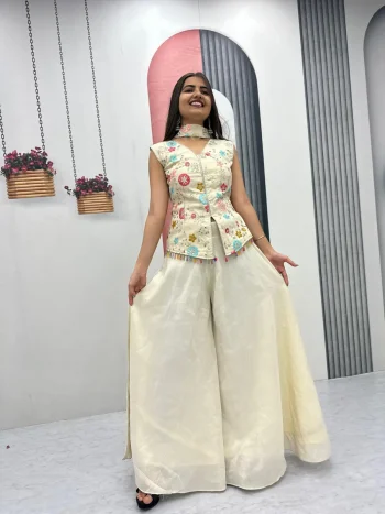 MODERN TISSUE SHIMMER EMBROIDERY SEQUENCE WORK TOP PALAZZO WITH DUPATTA OFF WHITE