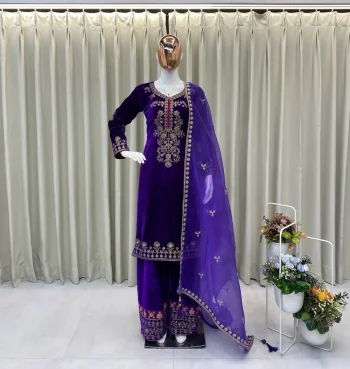 MODERN VELVET CODING SEQUENCE EMBROIDERY WORK TOP PALAZZO WITH DUPATTA PURPLE