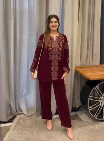 MODERN VELVET EMBROIDERY WORK CO-ORD SET RED