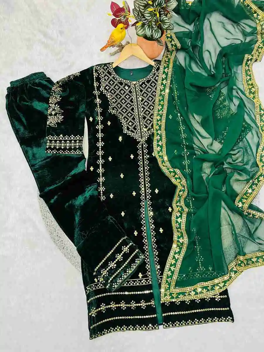 MODERN VELVET JARI THREAD WITH DORI & 5 MM SEQUENCE EMBROIDERY WORK TOP BOTTOM WITH DUPATTA FESTIVE WEAR WHOLESALE PRICE ETHNIC GARMENT (11)