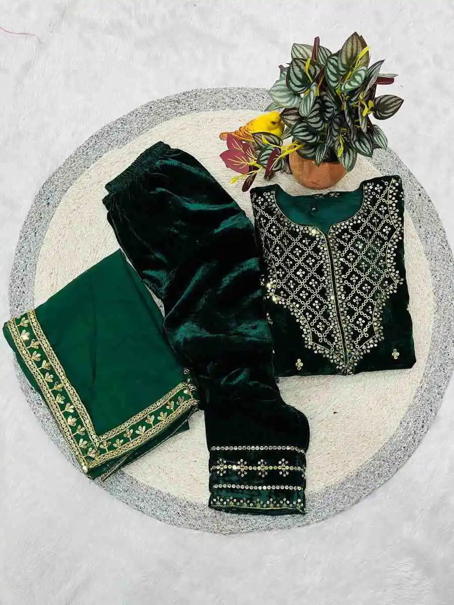 MODERN VELVET JARI THREAD WITH DORI & 5 MM SEQUENCE EMBROIDERY WORK TOP BOTTOM WITH DUPATTA FESTIVE WEAR WHOLESALE PRICE ETHNIC GARMENT (13)