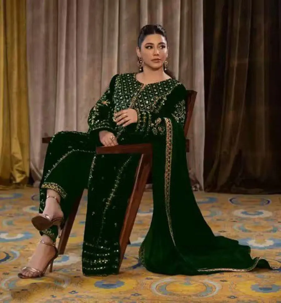 MODERN VELVET JARI THREAD WITH DORI & 5 MM SEQUENCE EMBROIDERY WORK TOP BOTTOM WITH DUPATTA FESTIVE WEAR WHOLESALE PRICE ETHNIC GARMENT (8)